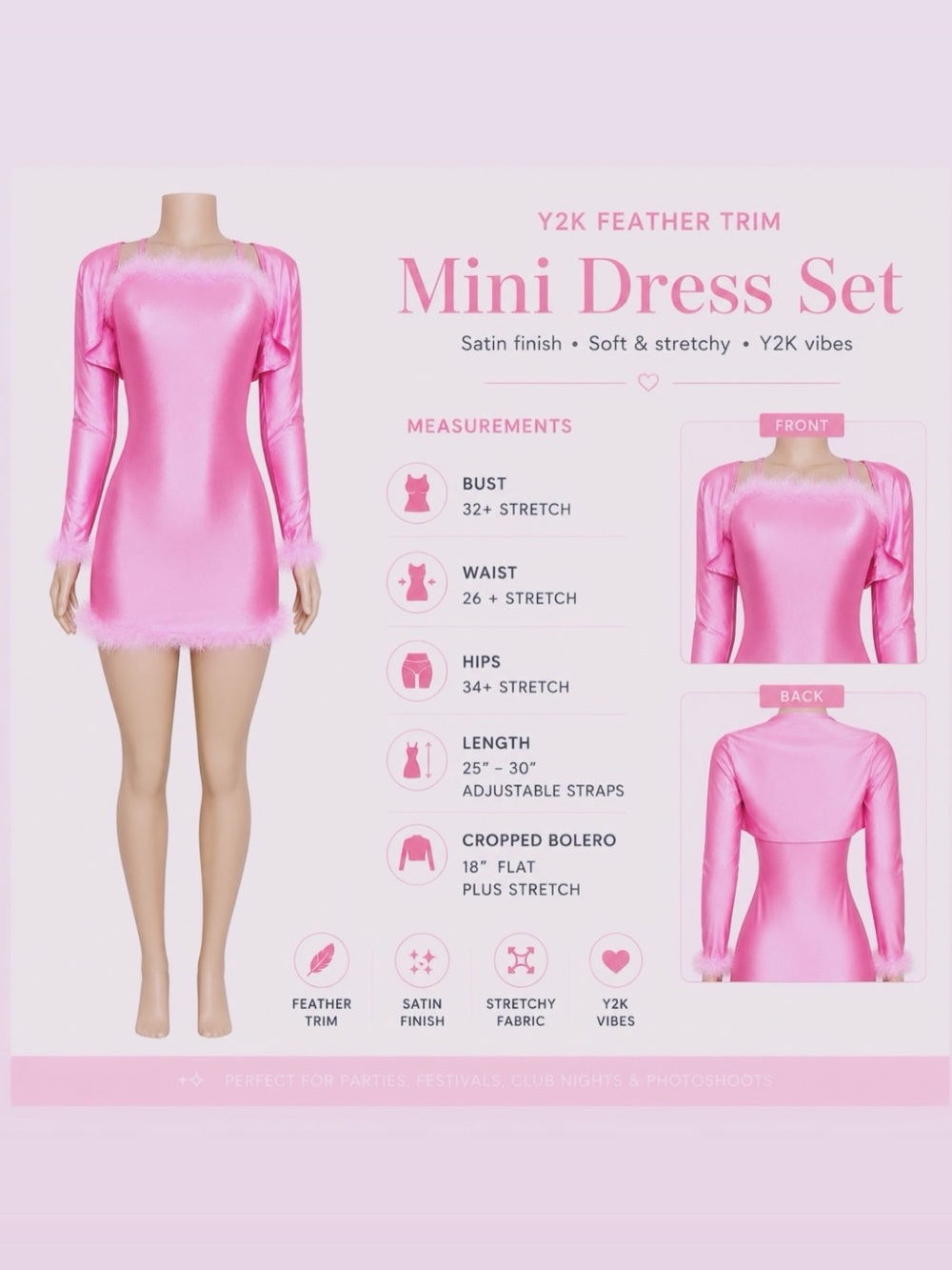 Y2K Pink Satin Feather Trim Mini Dress Set w Matching Bolero Barbiecore - Picture 5 of 5